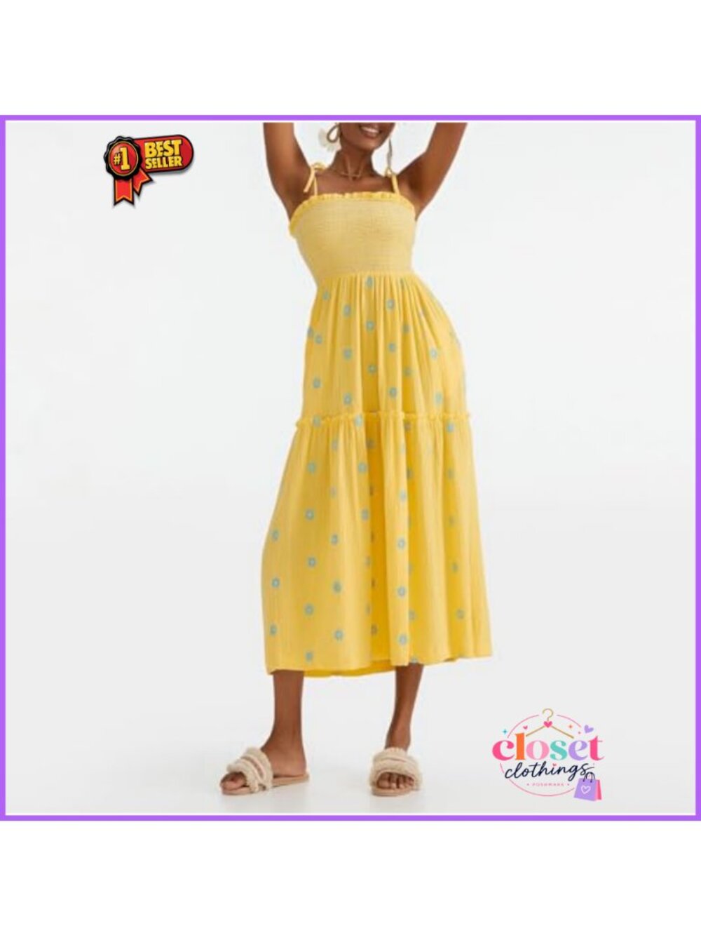 Floral Embroidered Smocked Maxi Dress Sleeveless Tie Shoulder Flowy Boho - Picture 4 of 5